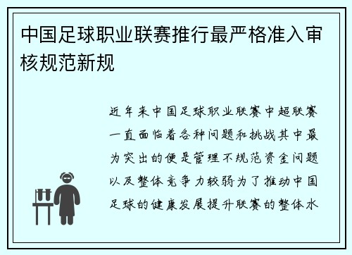 中国足球职业联赛推行最严格准入审核规范新规